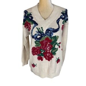 Vintage Alison Craig Women's Cream Floral Rose Ribbon V Neck Knit Sweater Size M